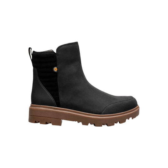 Black ankle boot with a brown lug sole and pull tab, shown in side profile