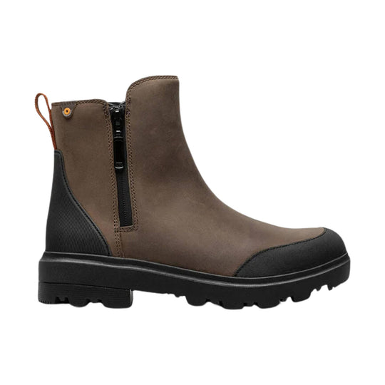 Brown ankle boot with black rubber toe and heel, side zipper, and pull tab