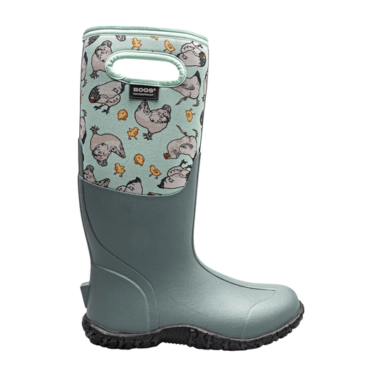 Mint green knee-high rain boot with chicken print shaft and black treaded sole