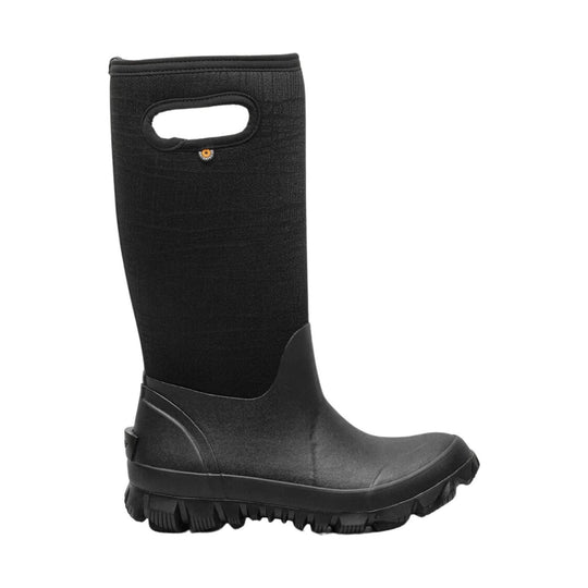 Black tall waterproof winter boot with textured shaft, oval pull handle, and chunky lug sole
