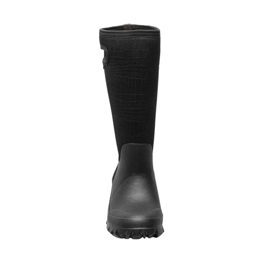 Black tall winter boot with a rubber lower shell, insulated shaft, and rugged tread, shown front view