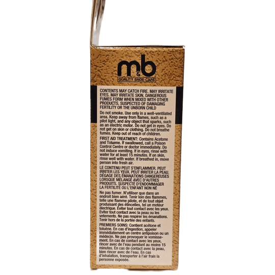 Brown textured shoe care box with a black-and-white warning label and MB Quality Shoe Care logo