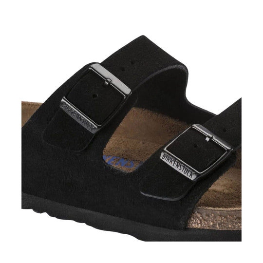 Black suede two-strap sandal with adjustable metal buckles