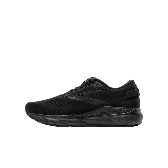 Black running shoe with mesh upper, thick cushioned sole, and side Brooks branding