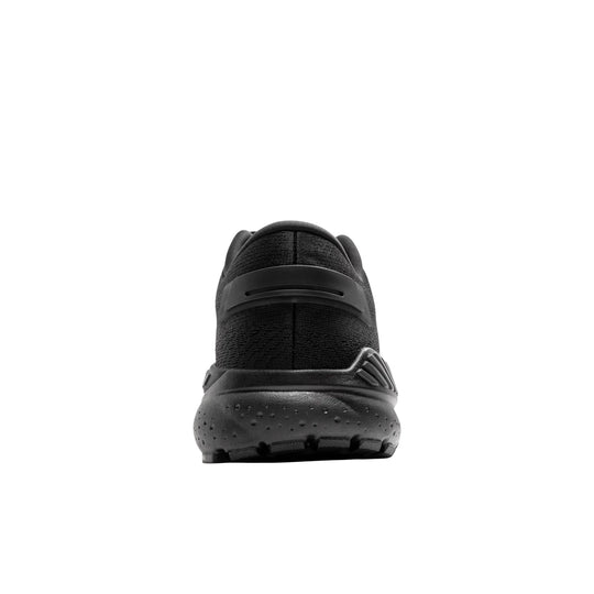 Black athletic running shoe shown from the back with a chunky cushioned sole
