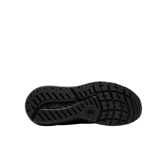 Black running shoe outsole with deep tread pattern and Brooks branding