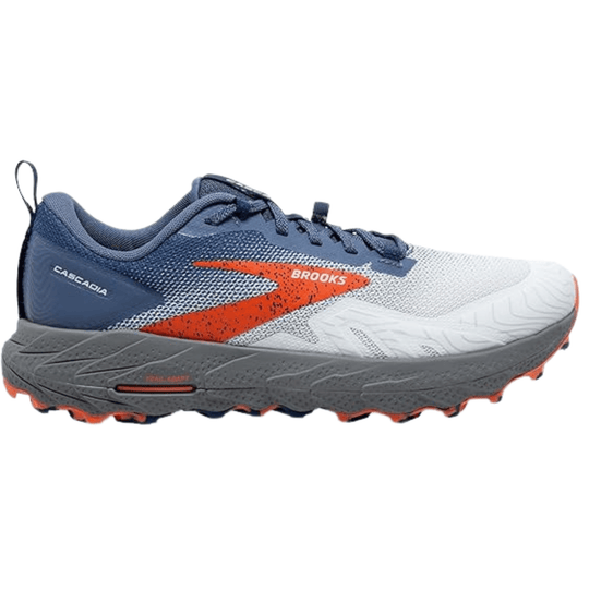 Blue and white trail running shoe with orange side logo and gray treaded sole