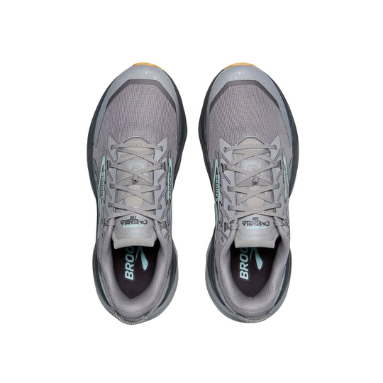 Pair of gray trail running shoes with mesh uppers, laces, and teal side branding
