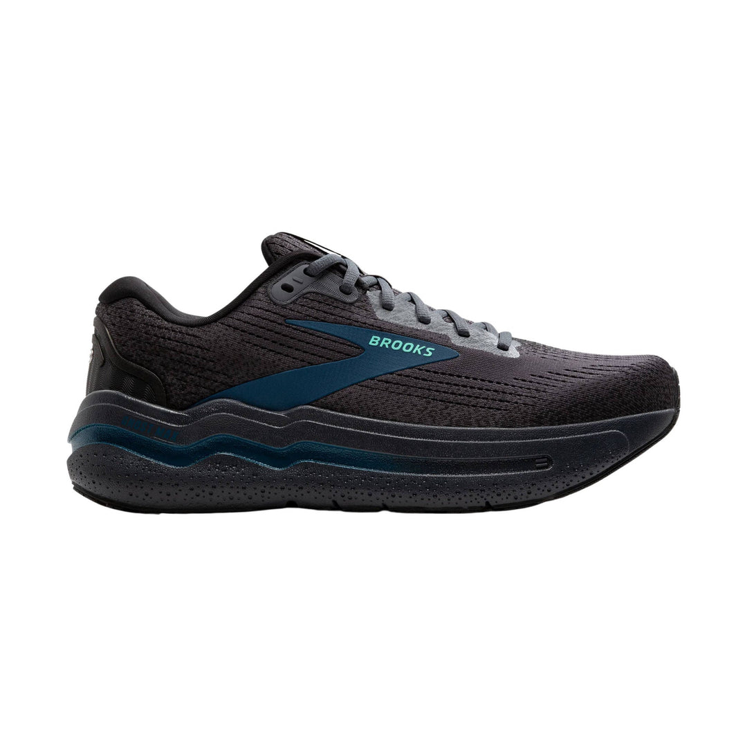 Black and gray running shoe with blue side logo and turquoise Brooks branding