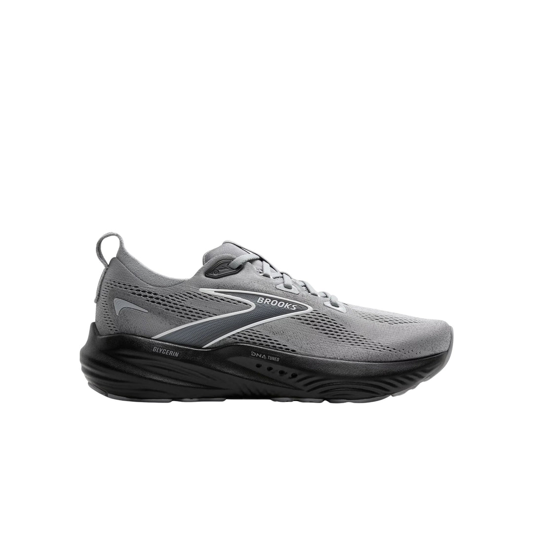 Gray and black running shoe with mesh upper, white side logo, and cushioned midsole