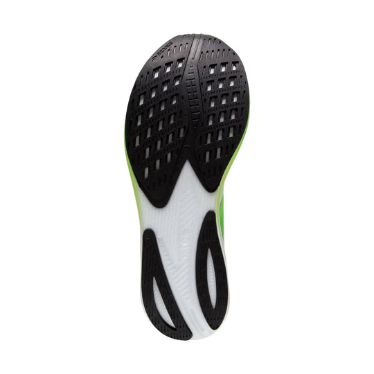 Running shoe outsole with black rubber tread, white midsole, and bright green sidewall