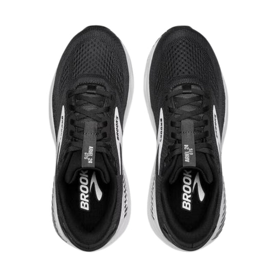 Black running shoes with white midsoles, laces, and side branding, shown from above