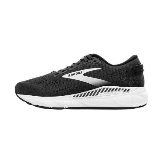Black and white running shoe with Brooks logo and cushioned midsole