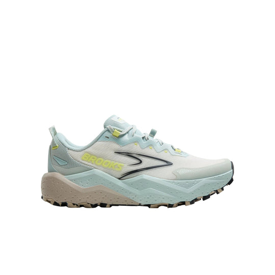 Light blue and white trail running shoe with a chunky tan midsole and black outsole, shown in side view