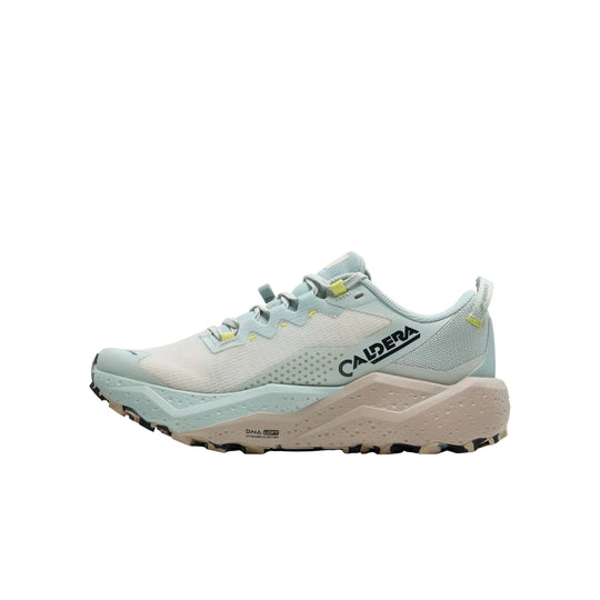 Light blue and beige trail running shoe with textured sole and side CALDERA logo