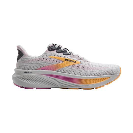 Light gray running shoe with pink and orange accents, side view