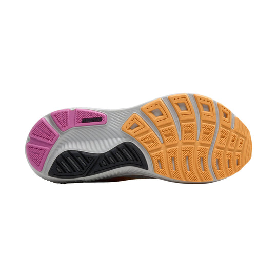 Running shoe outsole with gray midfoot, pink heel pods, orange forefoot lugs, and Brooks logo