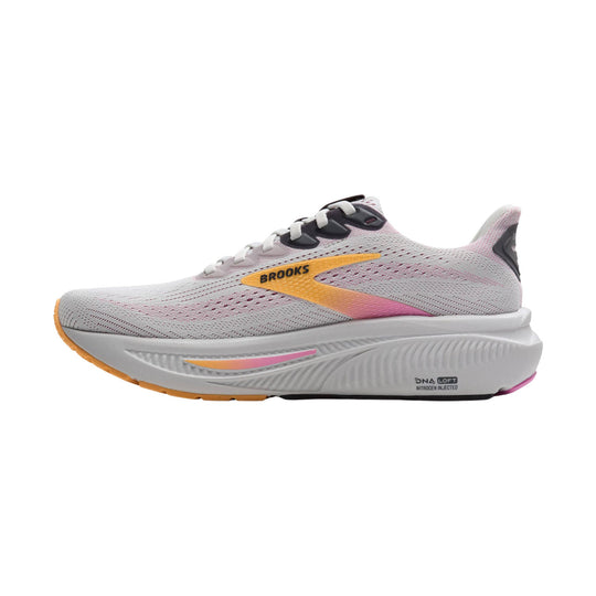 Light gray running shoe with pink and orange accents and a thick cushioned sole, side view