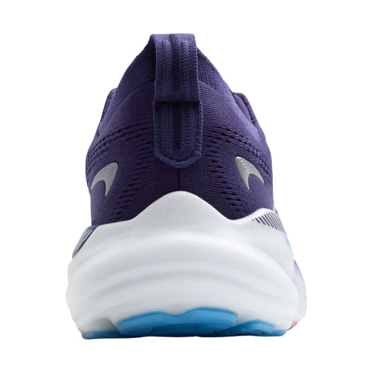 Rear view of a purple knit running shoe with a thick white foam sole and blue outsole accents