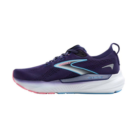 Purple running shoe with white midsole, pink outsole accents, and blue trim