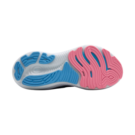 Running shoe outsole with blue and pink traction pods and Brooks marking