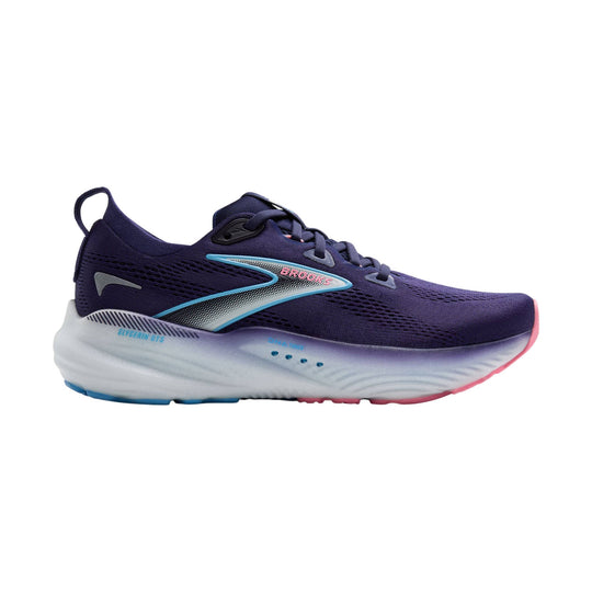 Purple running shoe with light blue and pink accents and a thick cushioned sole, side view