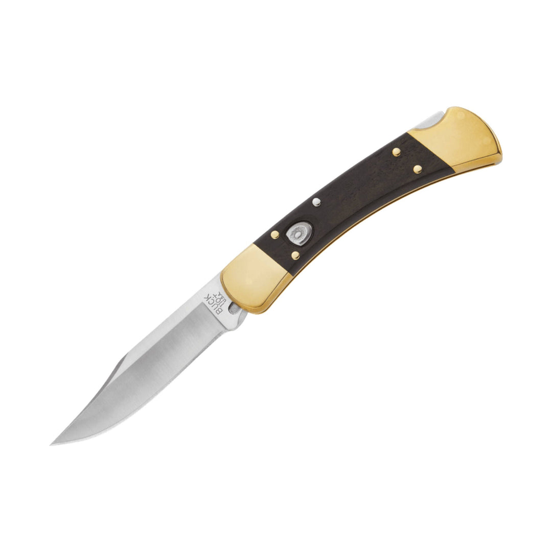 Folding knife with dark wood handle, brass bolsters, and a silver blade