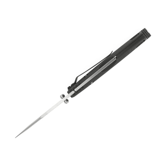 Black folding pocket knife with a slim silver blade on a white background