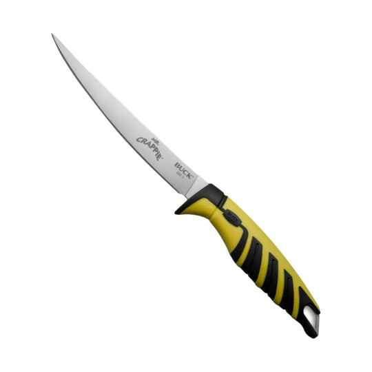 Curved fillet knife with silver blade and yellow-and-black handle