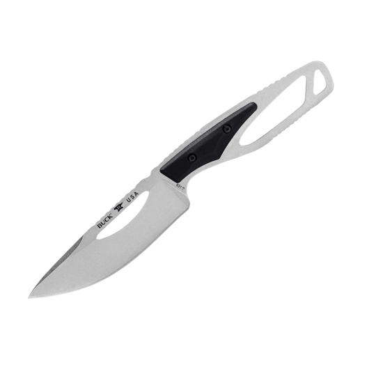 White fixed-blade knife with black handle insert and lanyard hole