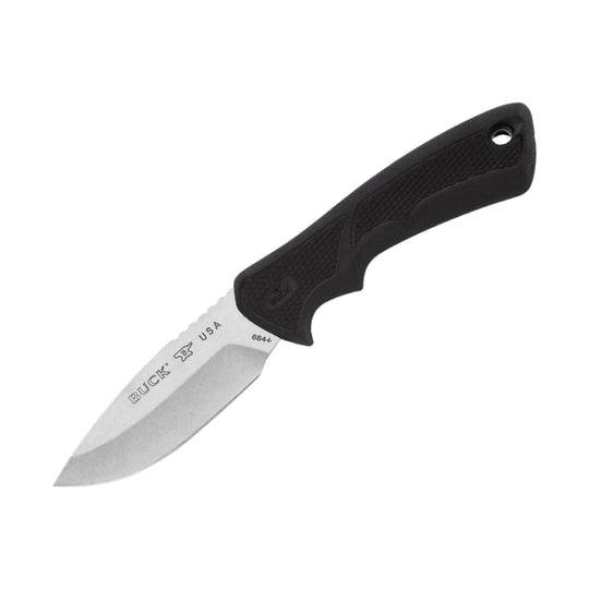 Black fixed-blade knife with textured handle and silver blade