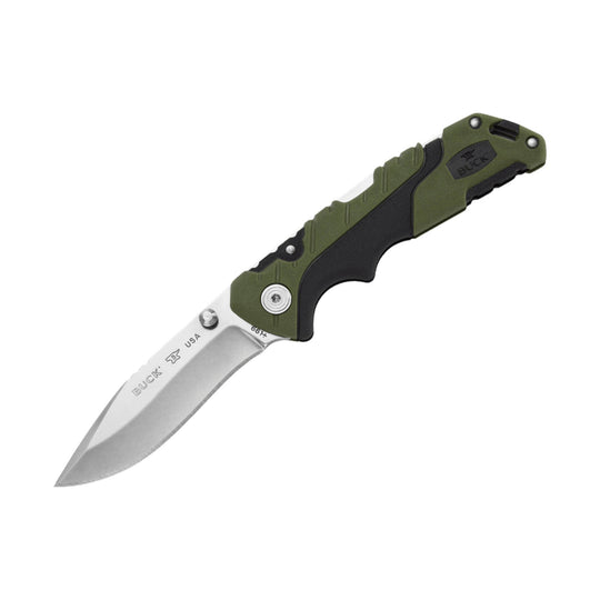 Folded pocket knife with an olive green and black handle and a silver blade
