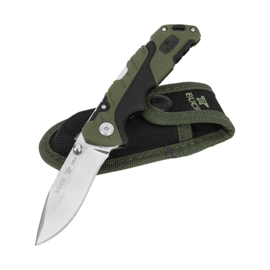 Olive and black folding pocket knife with a silver blade and black sheath