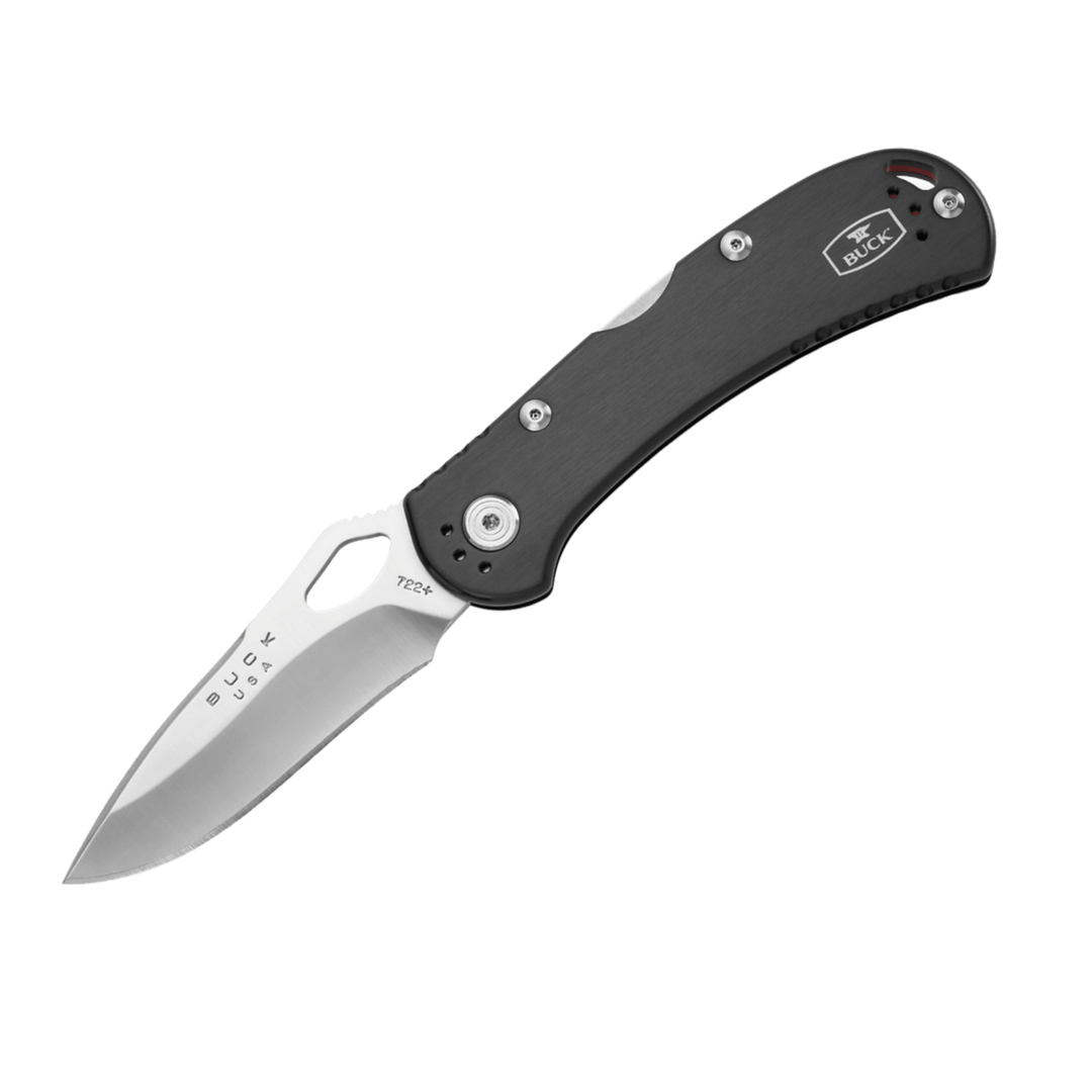 Folding pocketknife with black handle and silver blade, shown open at an angle