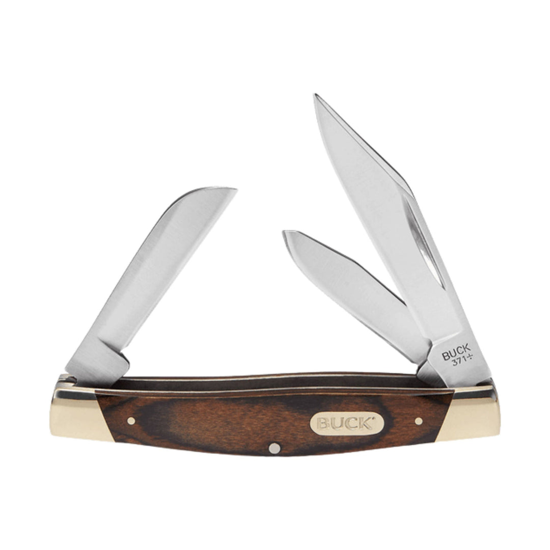 Three-blade folding pocket knife with woodgrain handle and metal bolsters, shown open