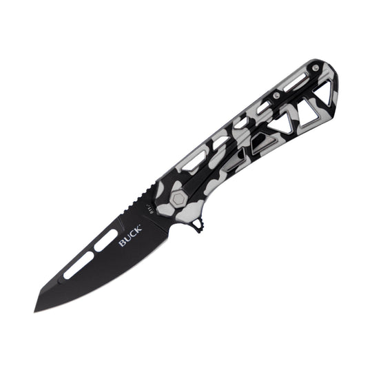 Black folding knife with a camo-patterned skeletonized handle and a black blade