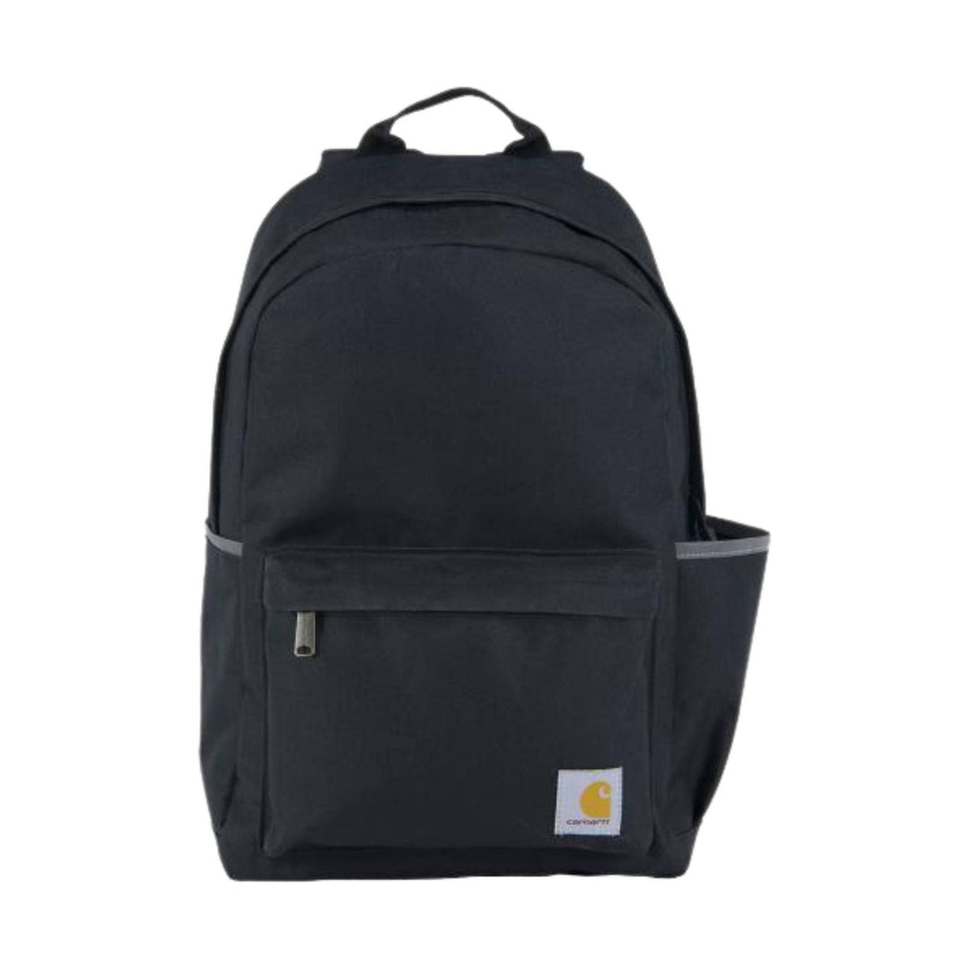 Black backpack with front zip pocket, side pockets, and a small logo patch