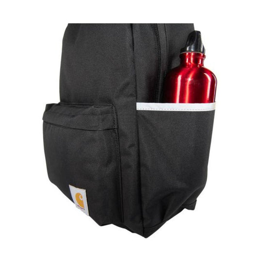 Black backpack with side water bottle pocket and red bottle