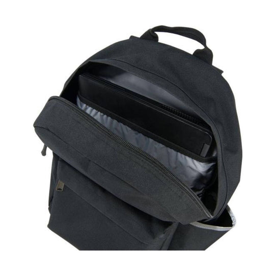 Black backpack with front zip pocket and padded laptop compartment, shown open