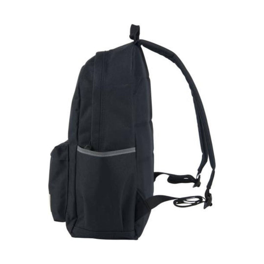 Black backpack shown in side profile with a front pocket, reflective trim, and padded shoulder straps