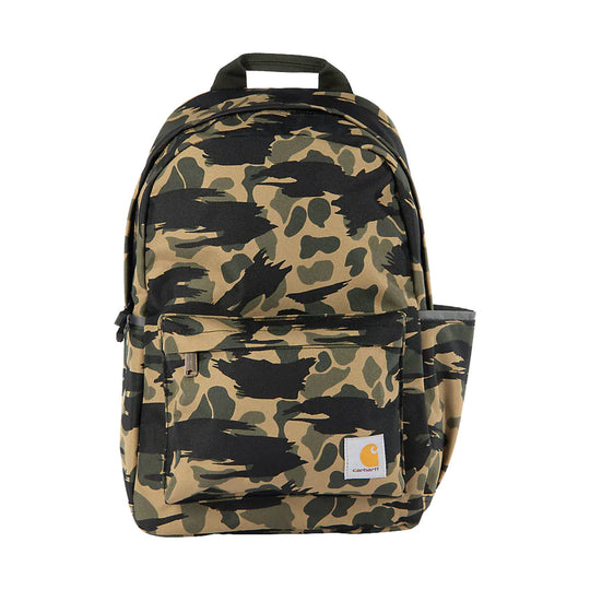 Camouflage backpack with front zip pocket, side pocket, and carry handle