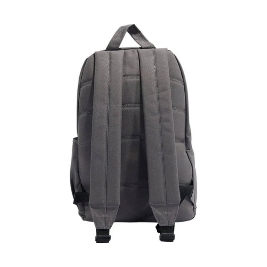 Dark gray backpack shown from the back with padded shoulder straps and a top carry handle