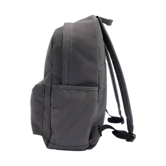 Dark gray backpack shown in side profile with padded straps and a front zip pocket