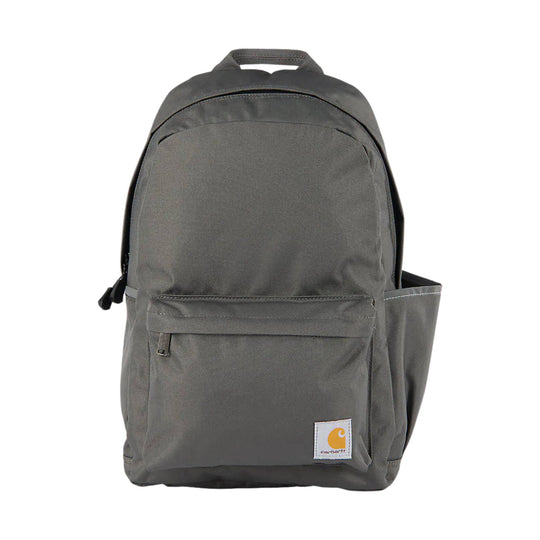Gray backpack with front zip pocket, side water bottle pocket, and Carhartt logo patch
