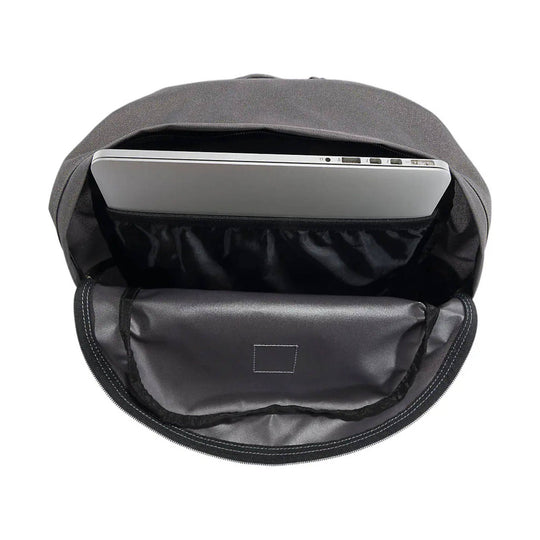 Gray backpack with a laptop in the main compartment, shown open from the front