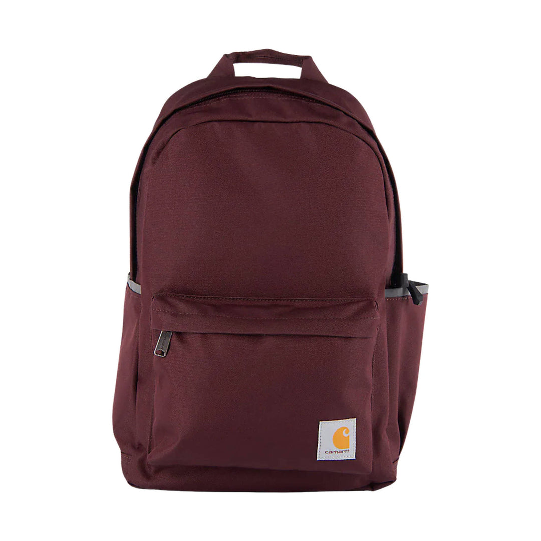 Maroon backpack with front zip pocket, side pockets, and a small Carhartt logo patch