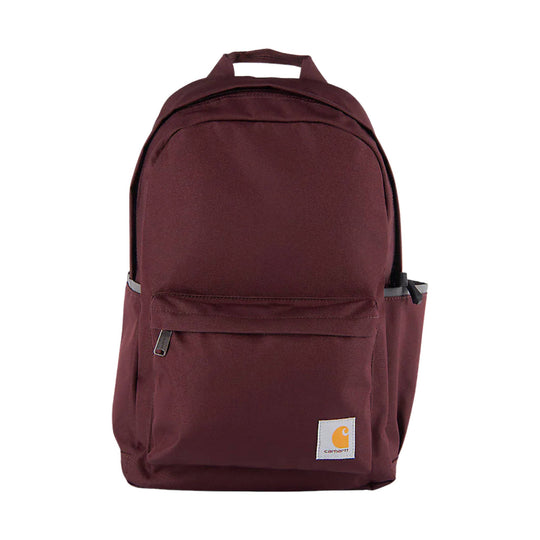 Maroon backpack with front zip pocket, side pockets, and a small Carhartt logo patch