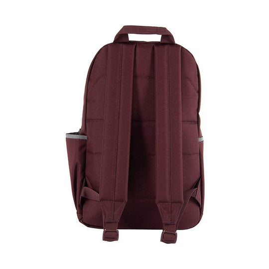 Burgundy backpack shown from the back with padded shoulder straps, top handle, and side pockets