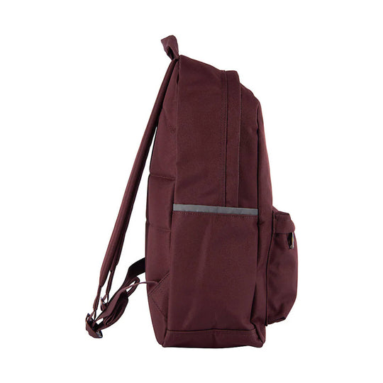 Maroon backpack shown from the side with padded shoulder straps and a front pocket