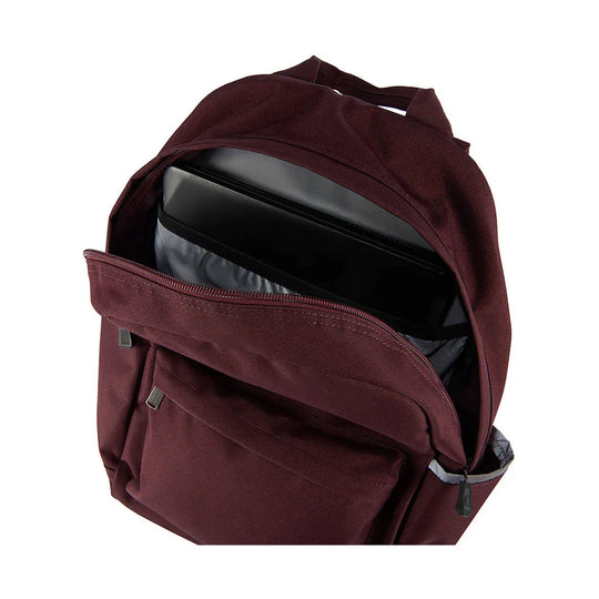 Maroon backpack with multiple front zip pockets and a laptop inside the main compartment